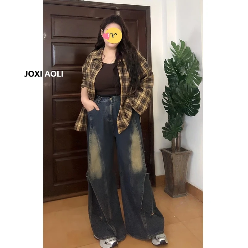 美式高街复古阔腿牛仔裤女秋季新款破洞设计高腰宽松百搭直筒裤