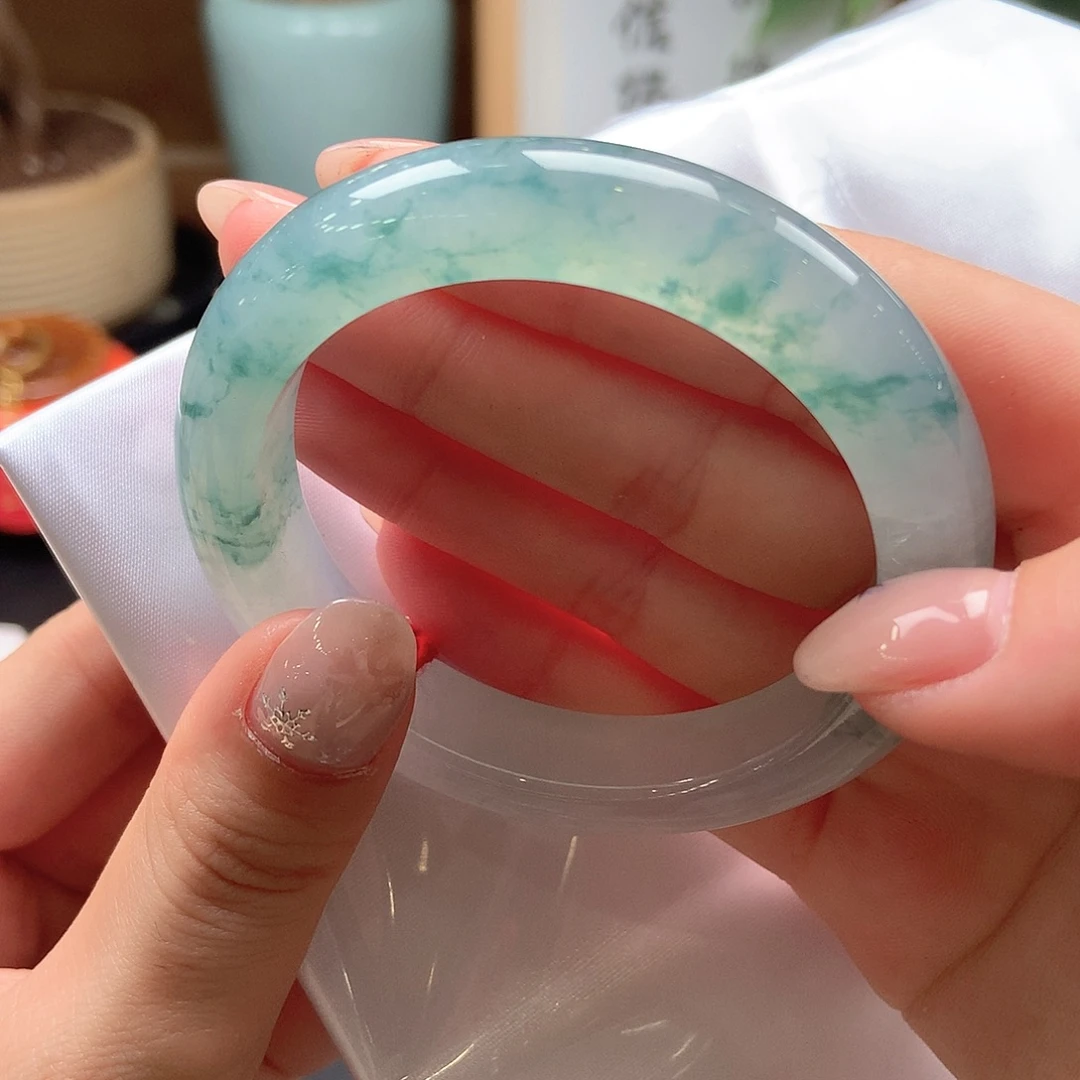 翡翠未镶嵌手镯冰透起光半山蓝花19号