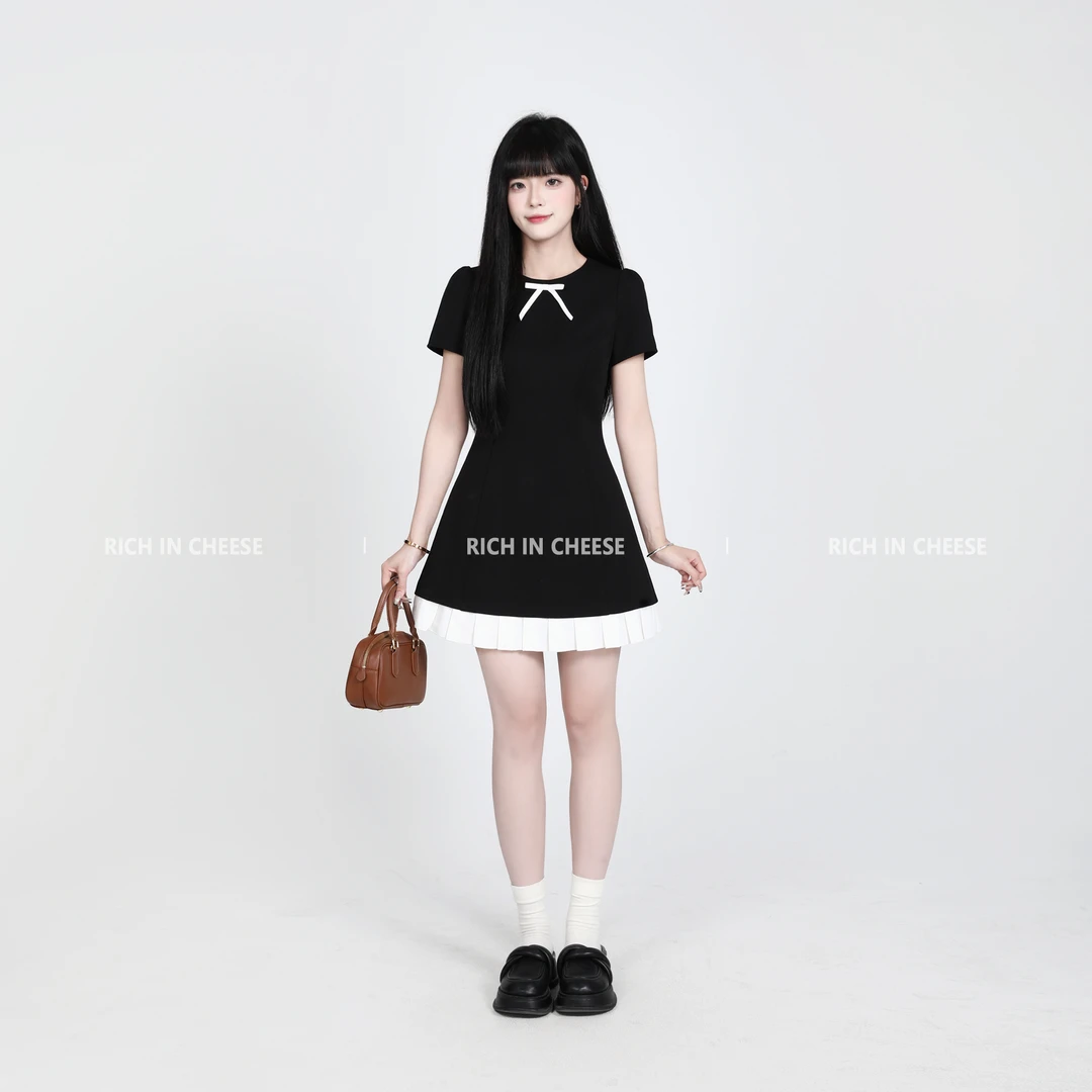 RICHINCHEESE 云野布蕾【短袖版】 韩系千金风蝴蝶结撞色显瘦连衣裙