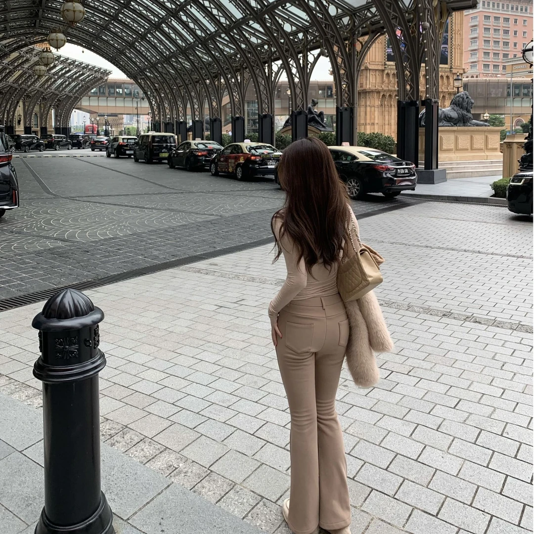 ke7en 加绒！双定位扣！韩女造型裤微喇高弹力面料加绒裤