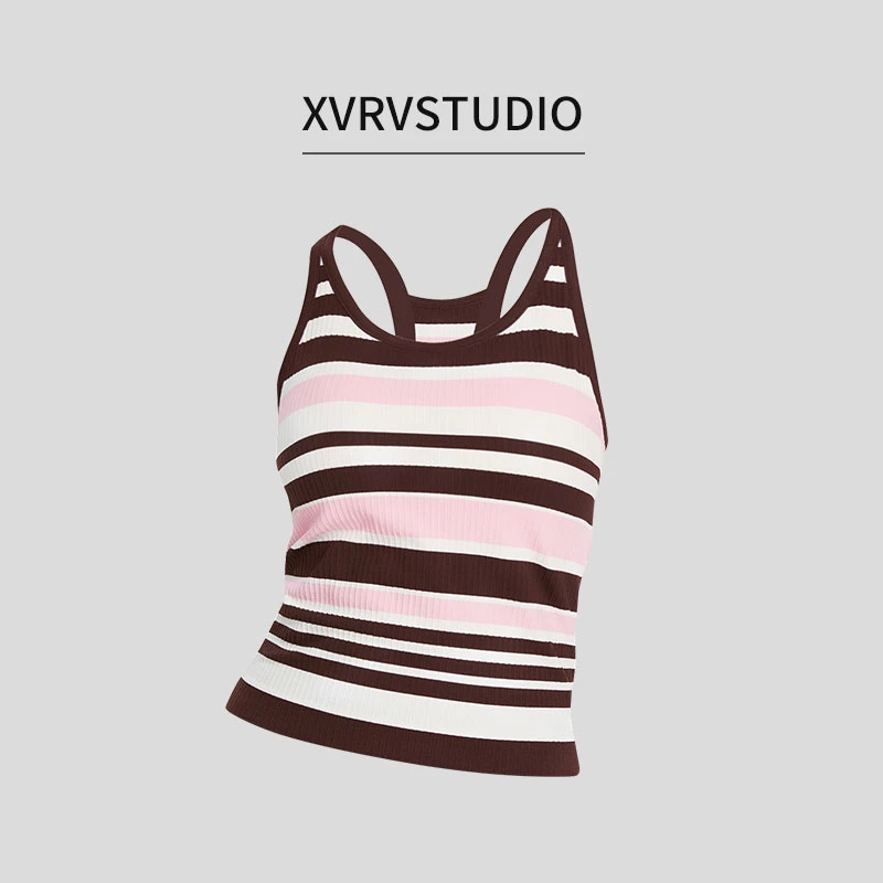 XVRV撞色一体织自带罩杯撞色条纹瑜伽工字背运动背心