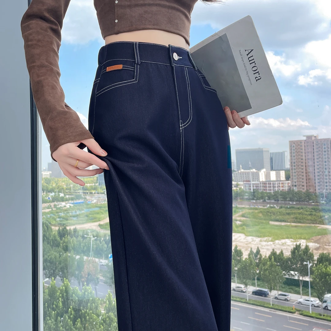 丹宁蓝阔腿牛仔裤女2025年秋季新款高腰修身显瘦高个子加长直筒裤