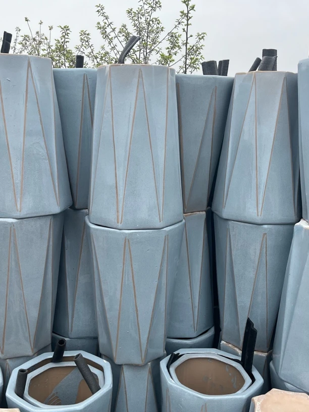 蓝色八角瑕疵套二花盆特大号陶瓷花盆大号陶瓷