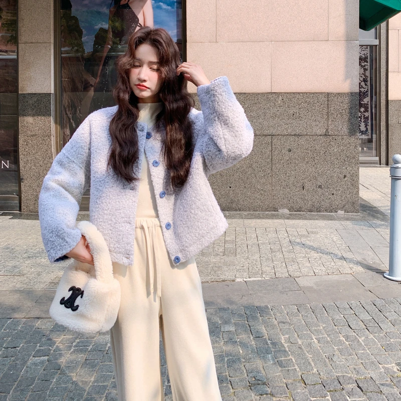 浅蓝色圈圈毛呢子90绒羽绒服女秋冬2025新款韩系小个子短款加厚