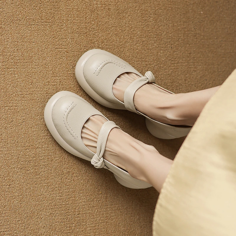 羊皮 7厘米 34-40 百搭真皮软底复古法式平底浅口一字带单鞋粗跟