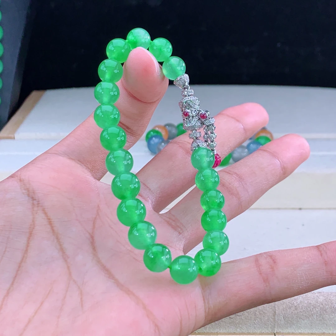 甜色系至尊木那老坑玻璃种起杠光收藏行家货缅甸天然翡翠A货珠串