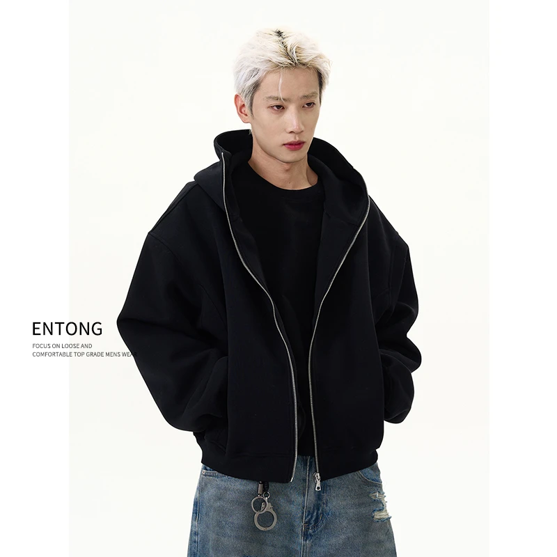 Entong美式高街cleanfit纯色开衫连帽卫衣短款秋季拉链帽衫外套潮