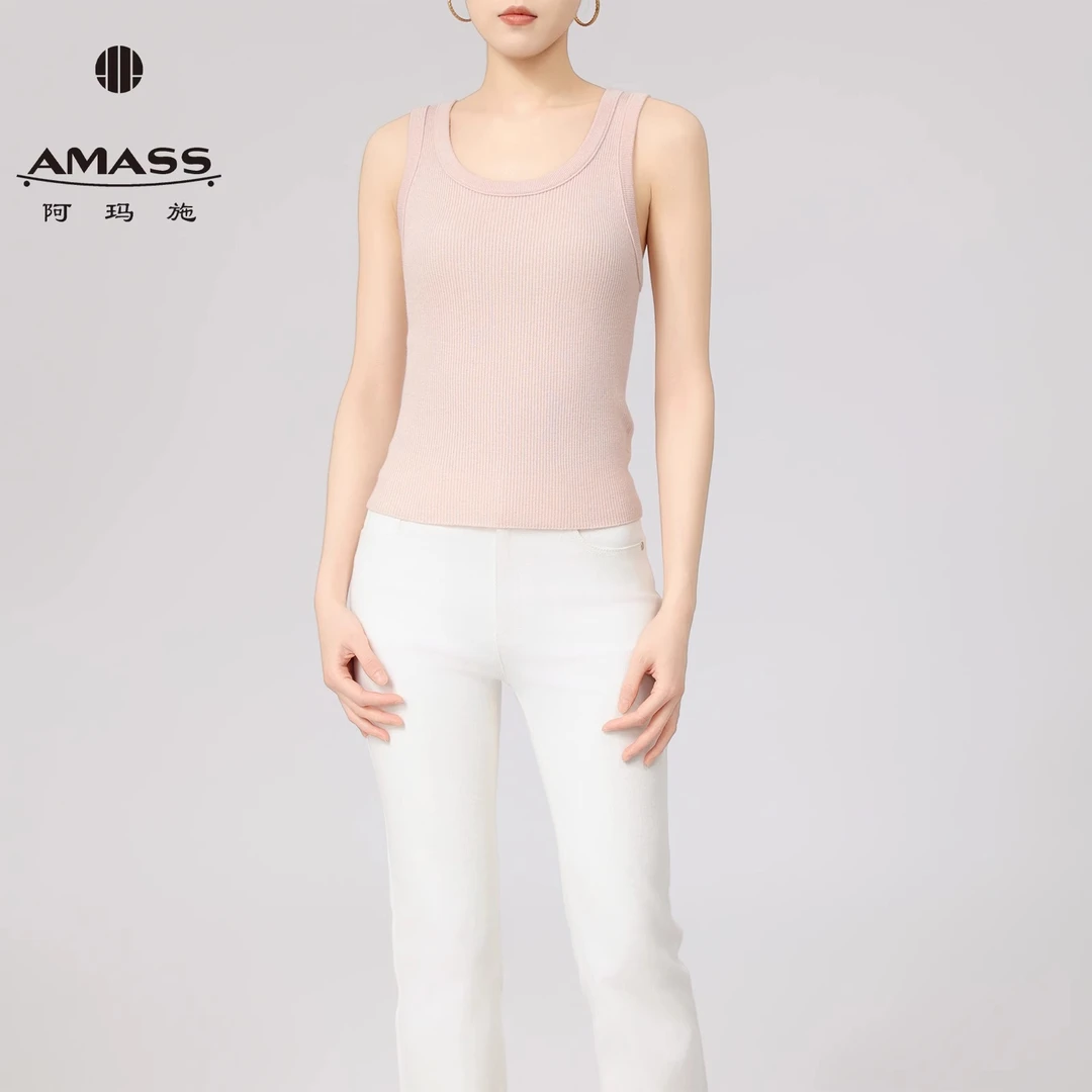 阿玛施AMASS薄款时尚质感打底吊带简约领绵羊毛背心女装538074