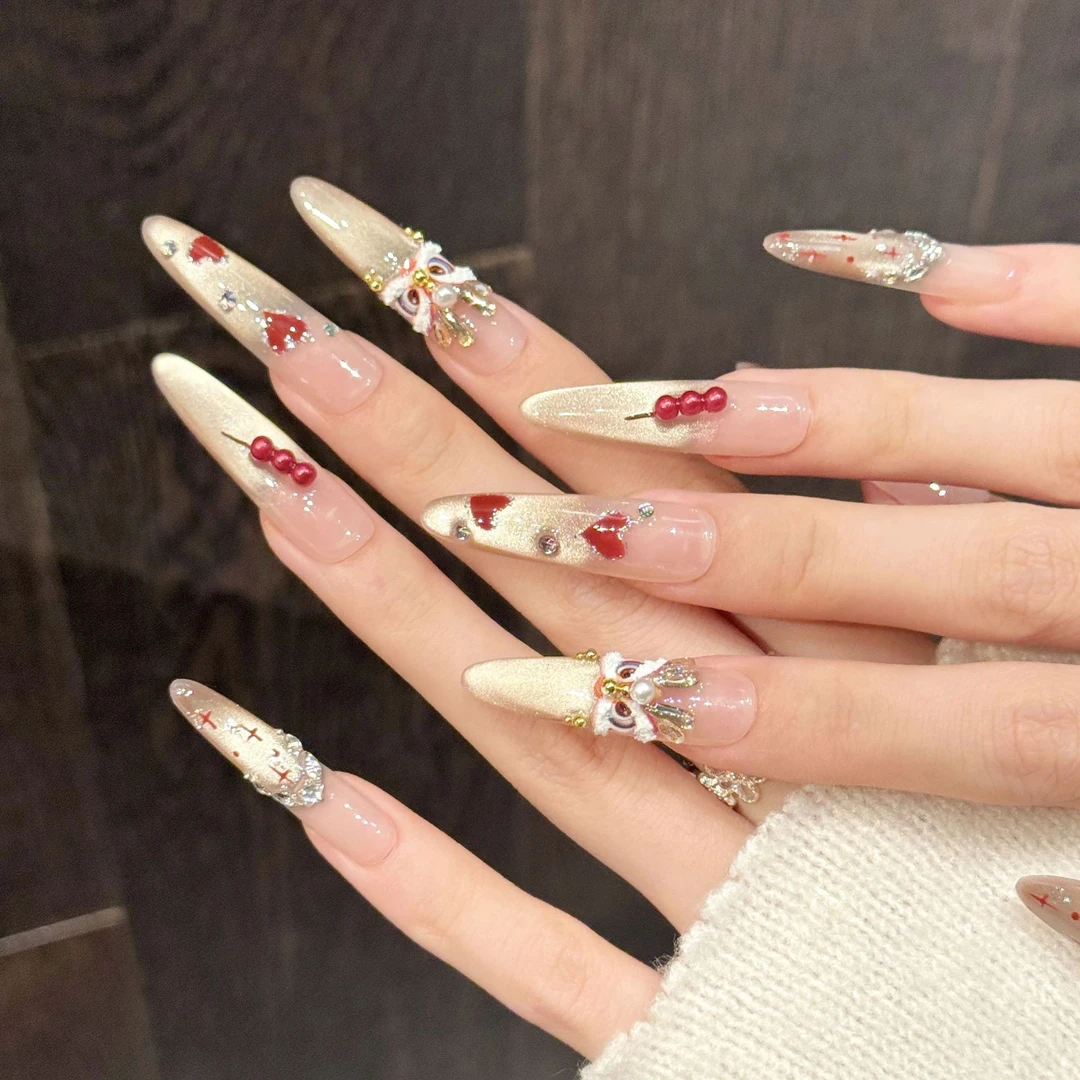 瑞卡曼原创【龙韵金绯】龙纹金粉纯手工穿戴甲糖葫芦饰国潮美甲贴