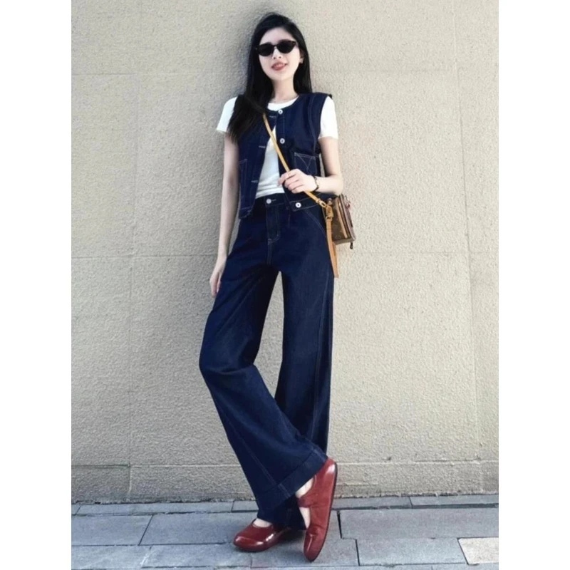 2025新款初夏穿搭一整套复古气质高级感牛仔马甲高腰阔腿裤两件套