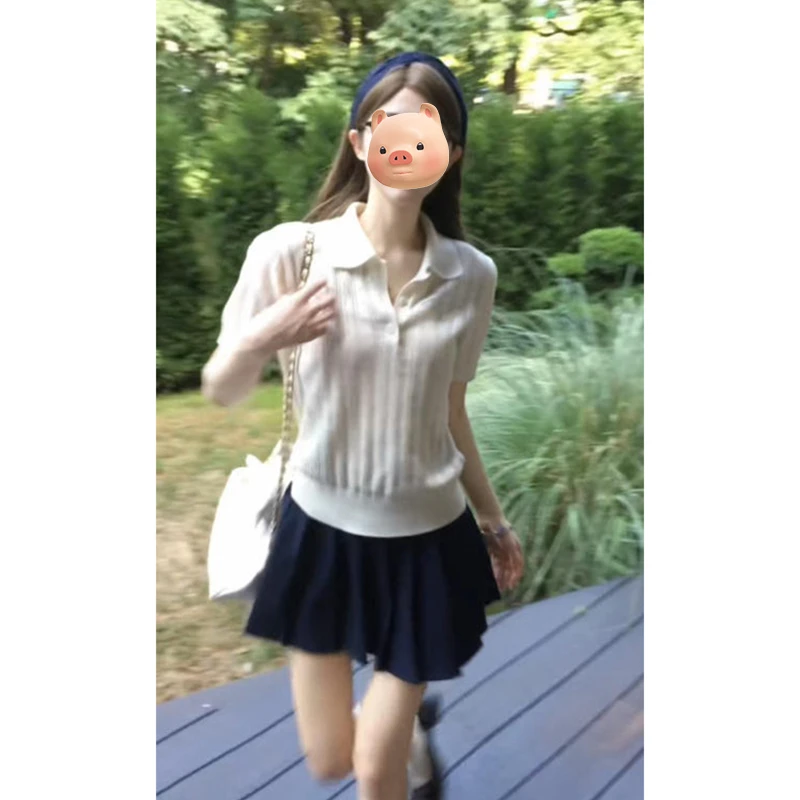 美式正肩翻领镂空冰丝针织短袖T恤女夏季2025新款修身polo衫上衣