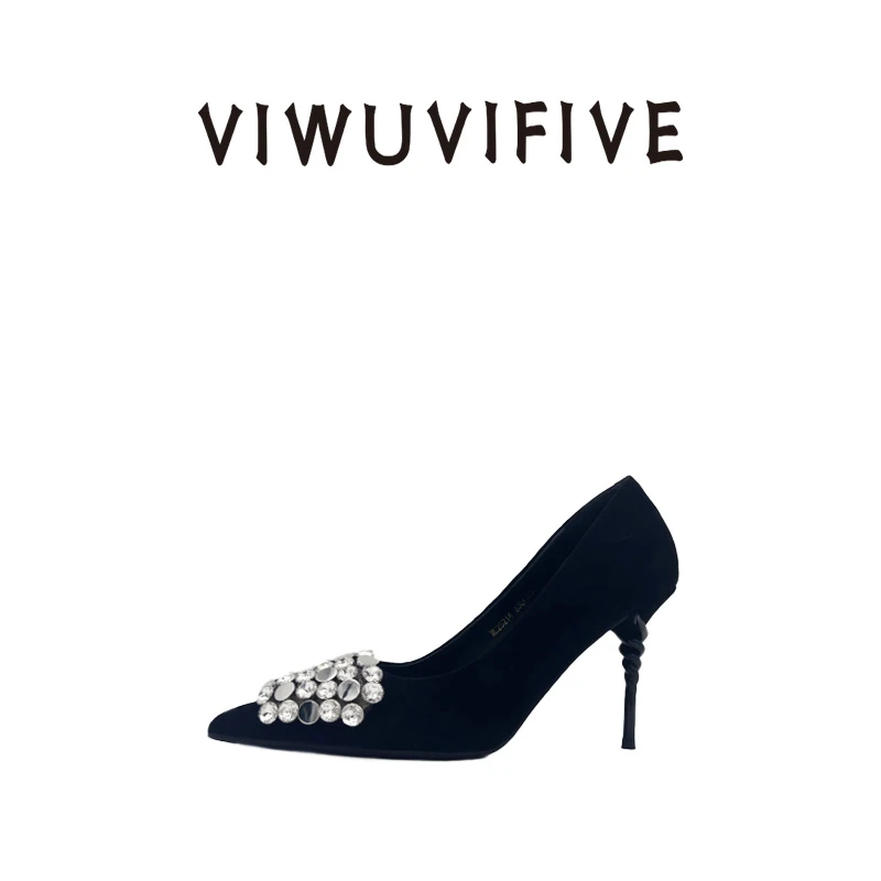 V5 VIWU.VIFIVE「璀璨」2025拜年穿搭百搭螺旋纹高细跟镶钻黑色女鞋