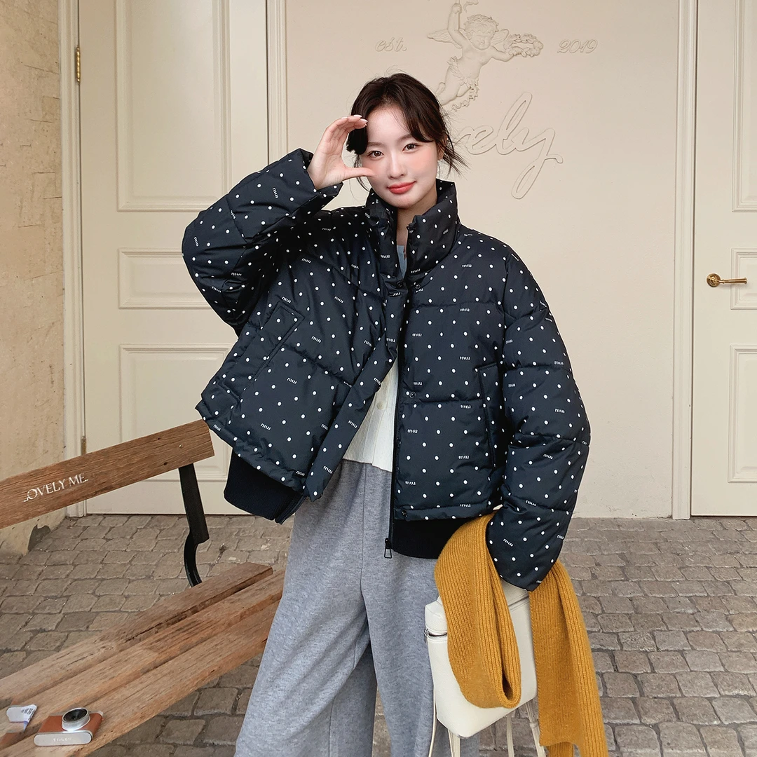 黑色波点设计感通勤短款棉服女2025新款冬季加厚保暖外套