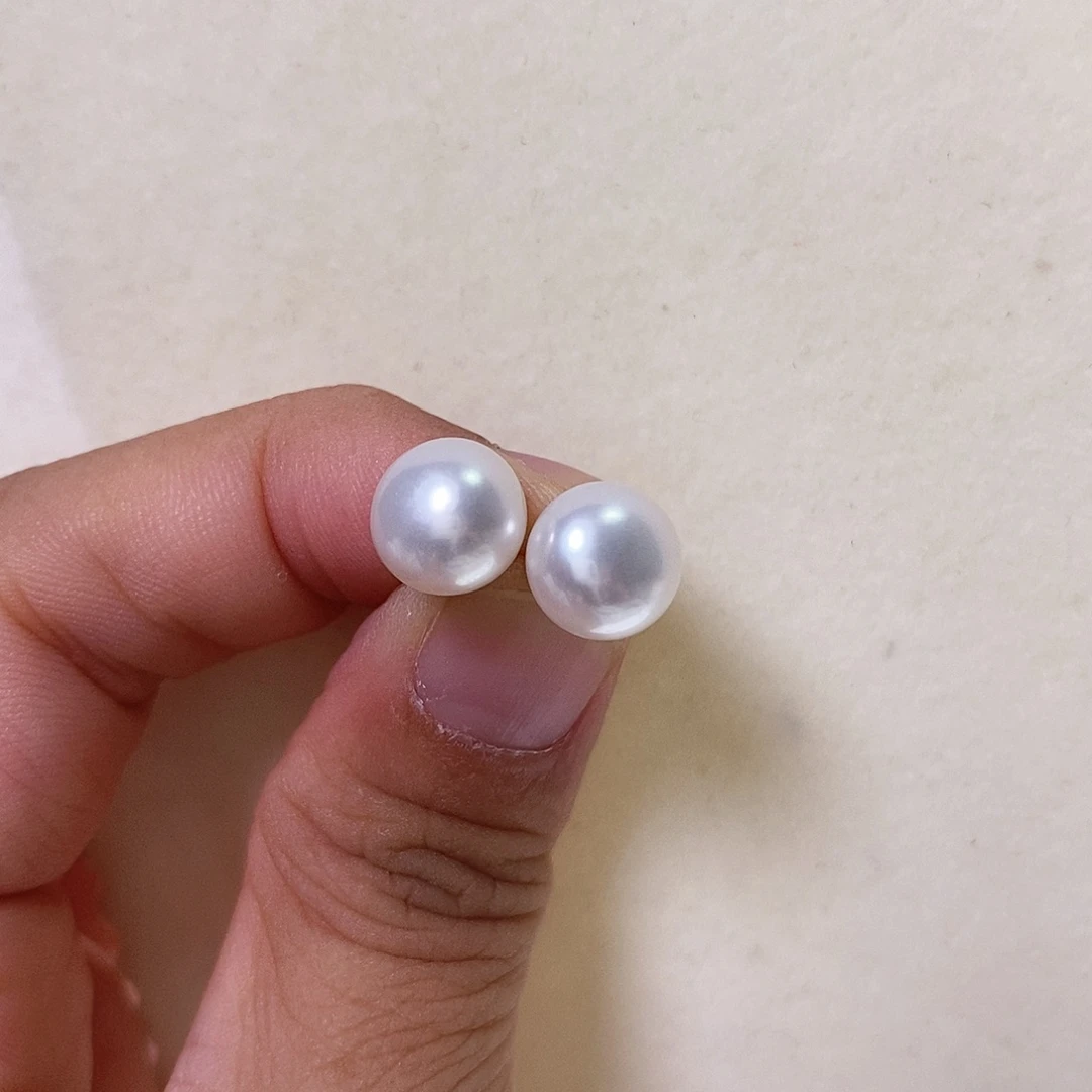银S925镶嵌耳钉淡水珍珠馒头9-10