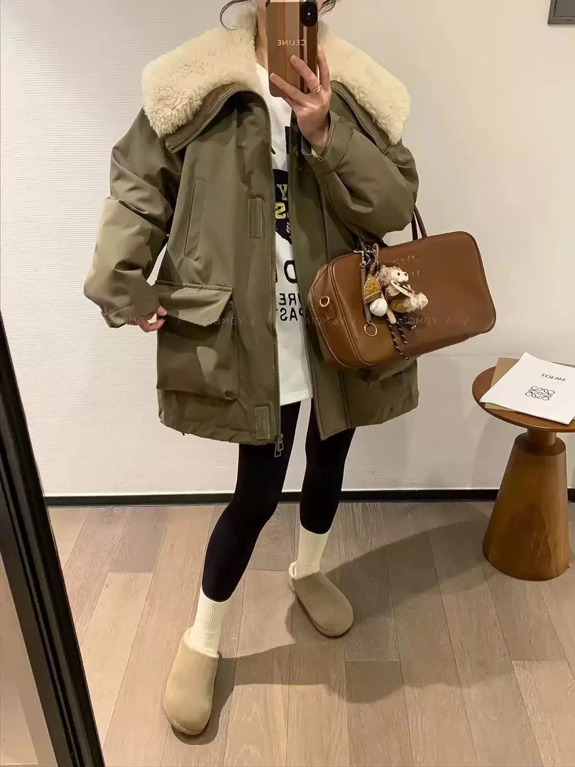 露思同款加厚内里毛绒拼接派克服2024冬季新款保暖外套女