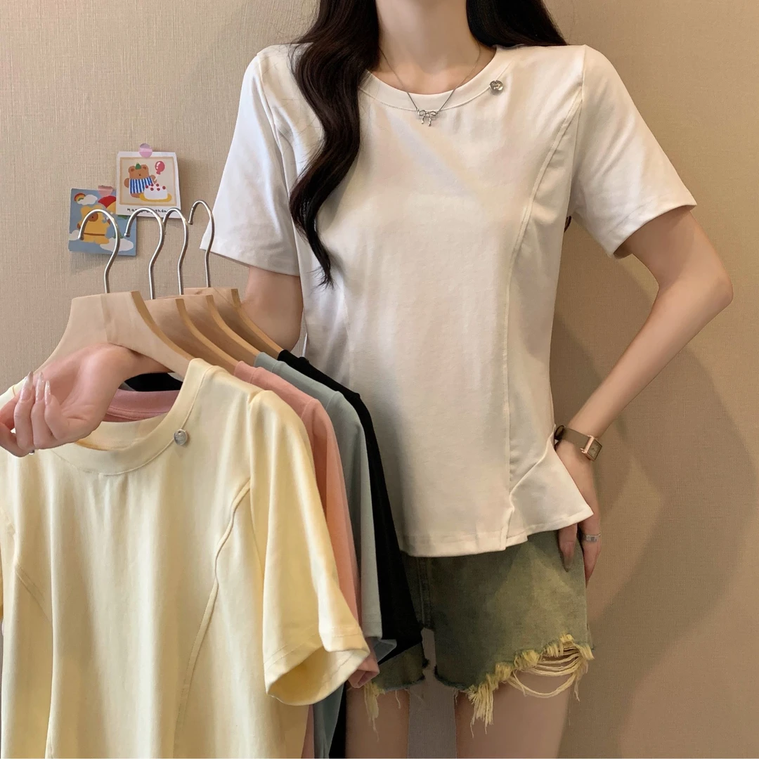 2025年大码女装新款荷叶边下摆纯色短袖T恤上衣3187