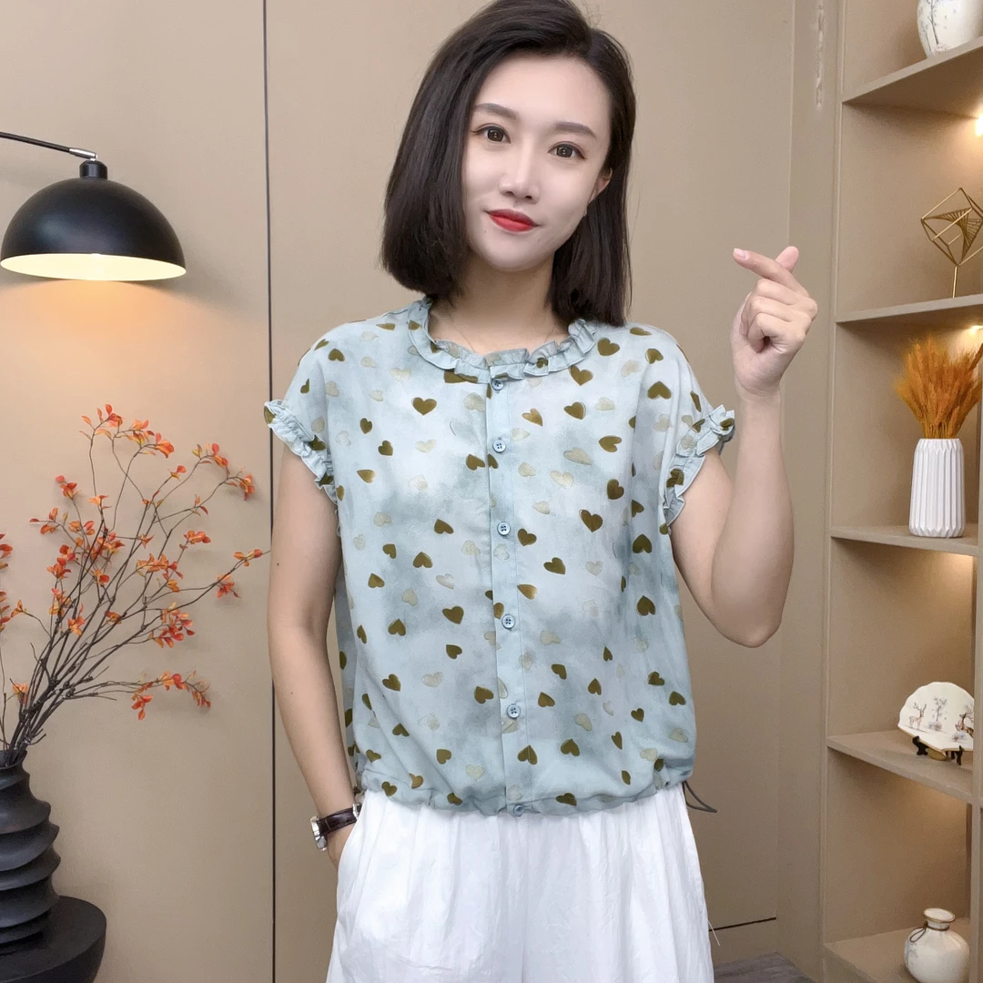 夏季女装新款衬衫洋气爱心印花显瘦短袖休闲衬衫上衣-1551
