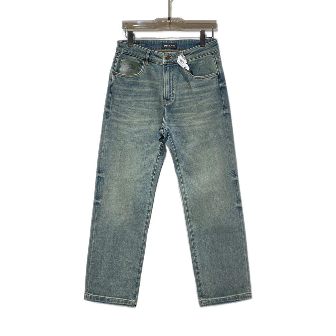 【奢潮定制】秋季新款1712男款蓝色直筒潮牌字母绣花装饰潮流牛仔裤