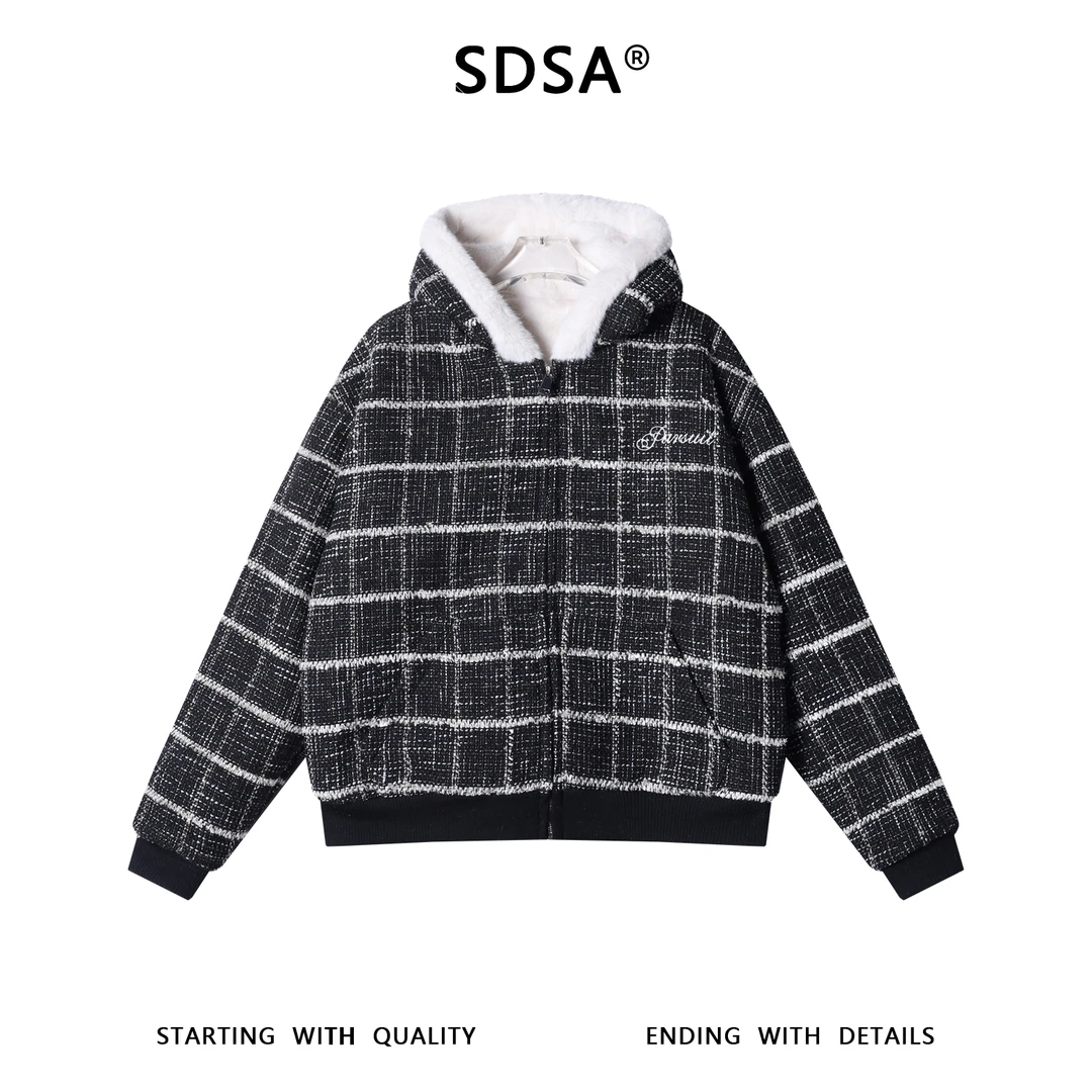 SDSA秋冬新款痞帅男装简约撞色格纹刺绣字母拉链连帽棉服重工百搭
