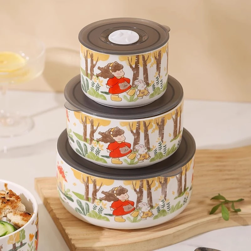 陶瓷保鲜碗带盖上班族可微波加热饭盒便当盒密封水果保鲜盒泡面碗