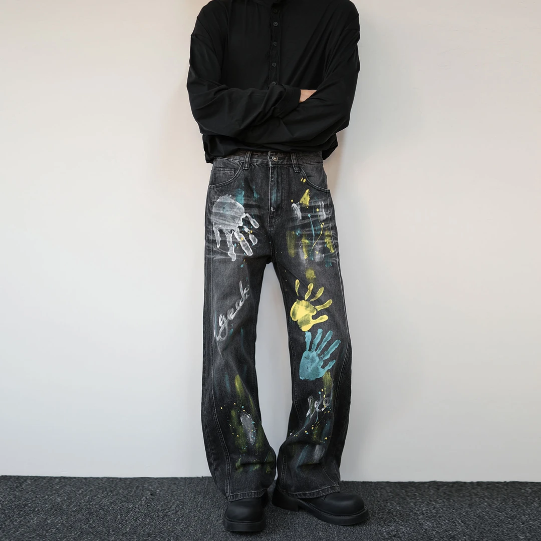dirtyfit涂鸦复古做旧宽松直筒阔腿牛仔裤男士美式拼接黑灰脏脏裤