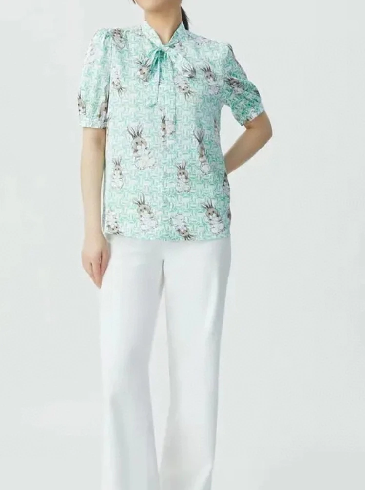 女装绿色小兔子休闲短袖衬衫1300766-A12669