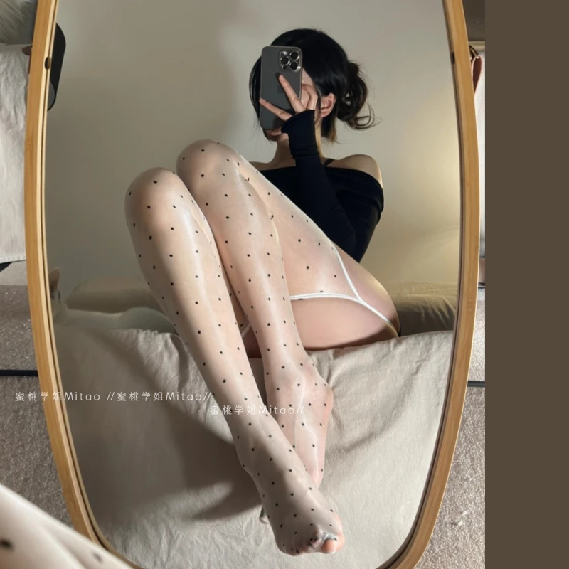 极光油亮白色蕾丝吊带一体丝袜女性感波点油光黑丝白丝情调诱惑