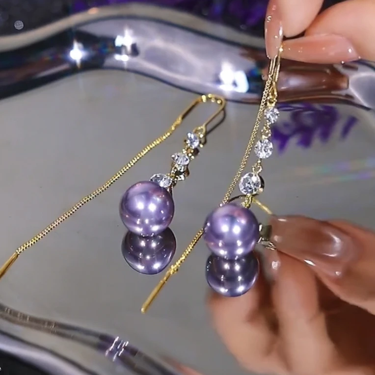 铜合金锆石耳饰 紫色珍珠耳环女2025新款轻奢小众高级感长款耳饰