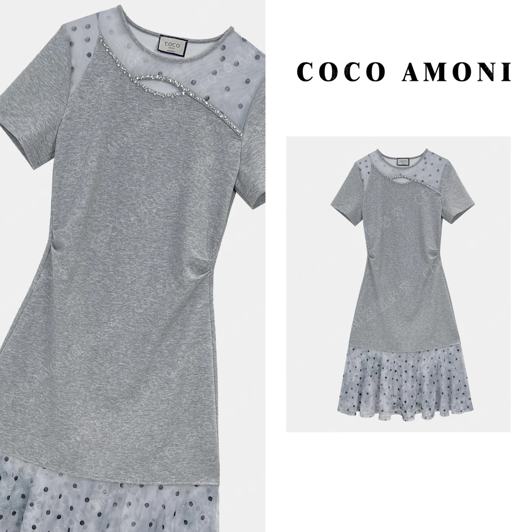 2025夏日爆款高级设计女装拼接重工波点收腰显瘦气质连衣裙ZC493