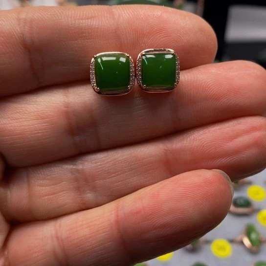 和田玉（碧玉）耳饰银S925镶嵌金**电