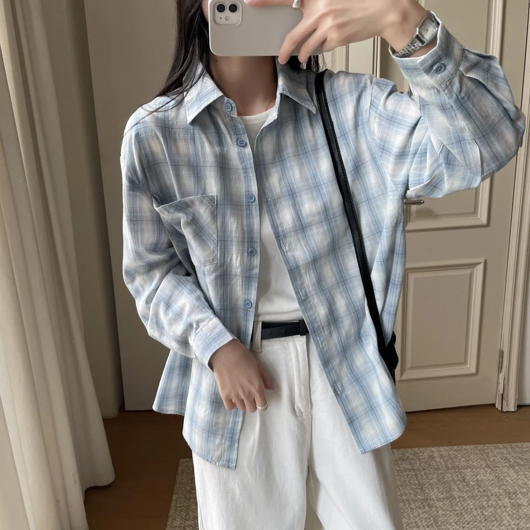 「短款 海盐蓝衬衫」薄款长袖防晒夏季格子衬衫衬衣设计感小众