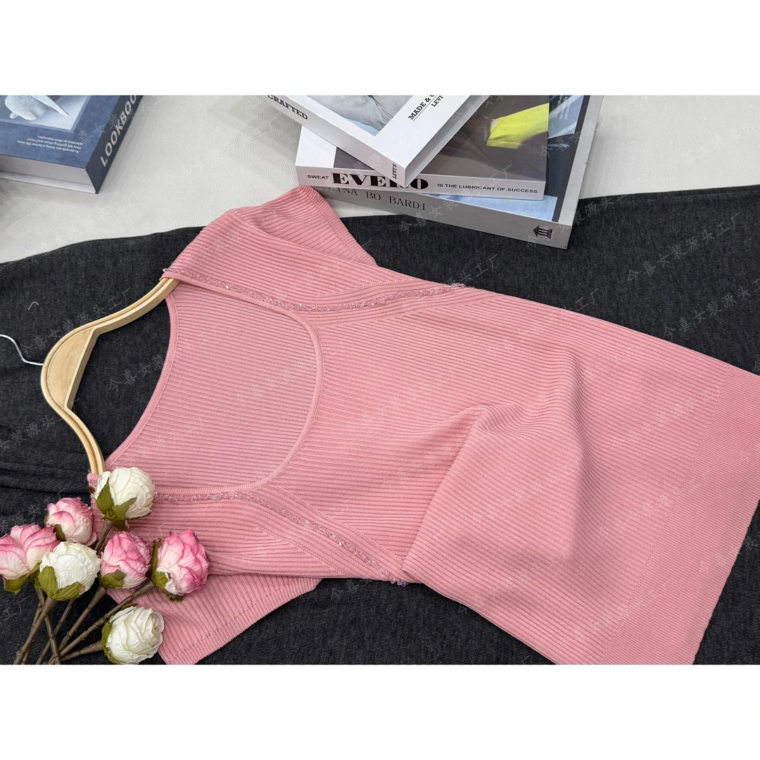 【粉色串珠套头】夏季新款时尚短袖纯色针织衫QC2902