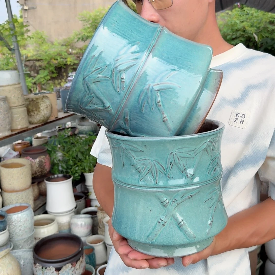 紫砂花盆口20高20（两个竹子绿