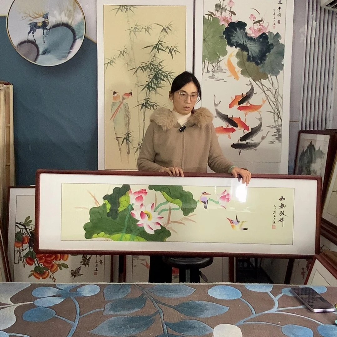 国画手写手绘国画作品带框包邮47✖️162