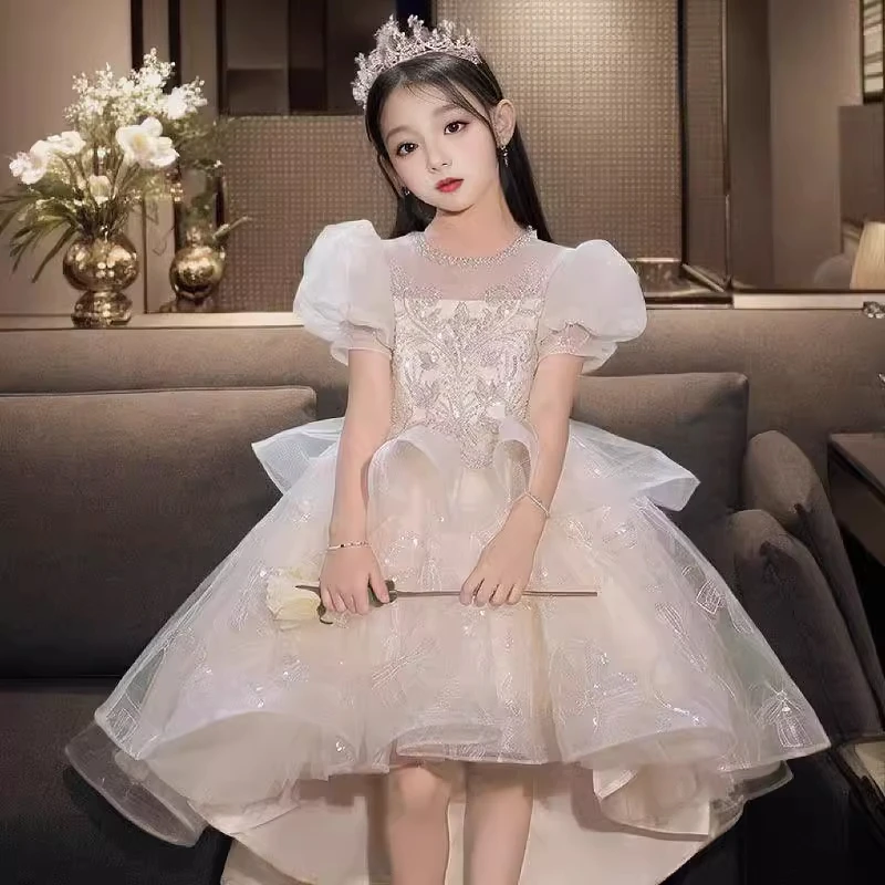 女童礼服洋气公主纱裙儿童走秀婚纱裙拖尾晚礼服花童主持人演出服