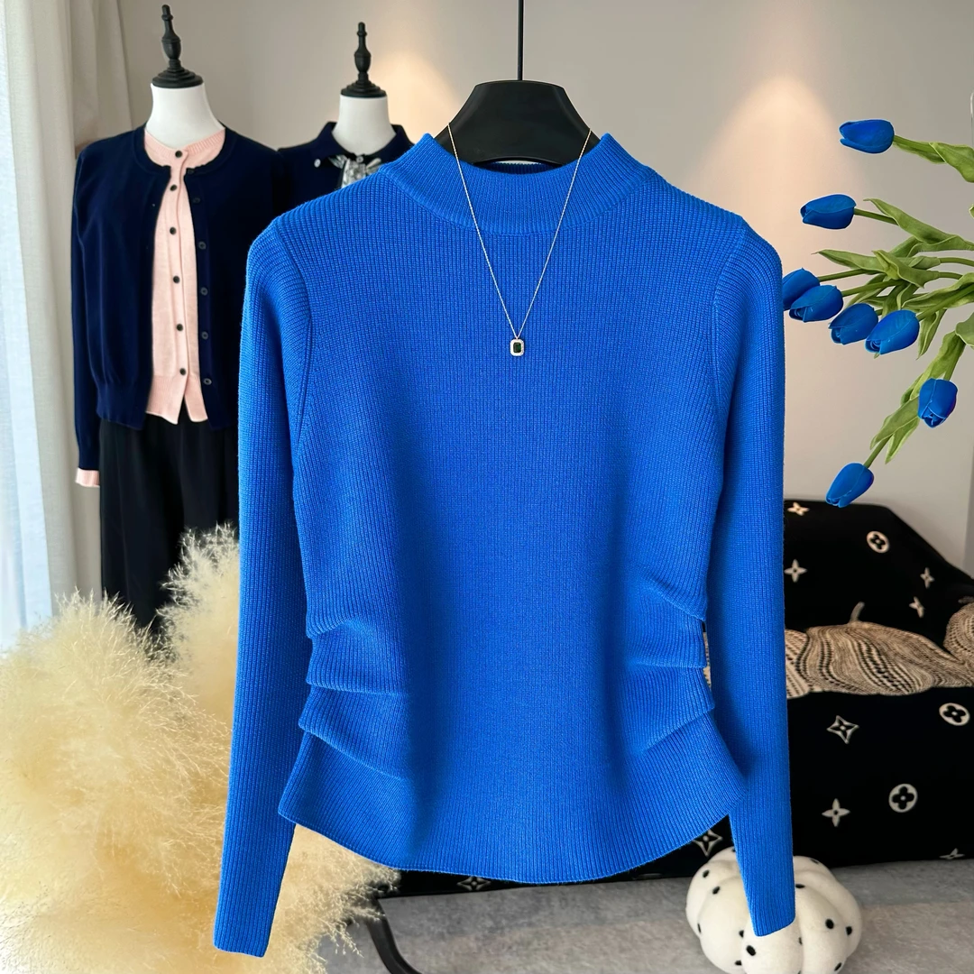 克莱因蓝简约打底衫修身显瘦毛衣秋冬新款褶皱半高领针织衫-233