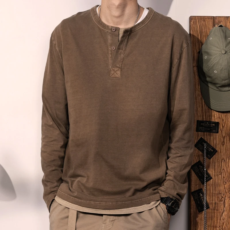 美式复古亨利衫水洗做旧纯棉亨利领长袖T恤男纯色咖啡打底衫内搭