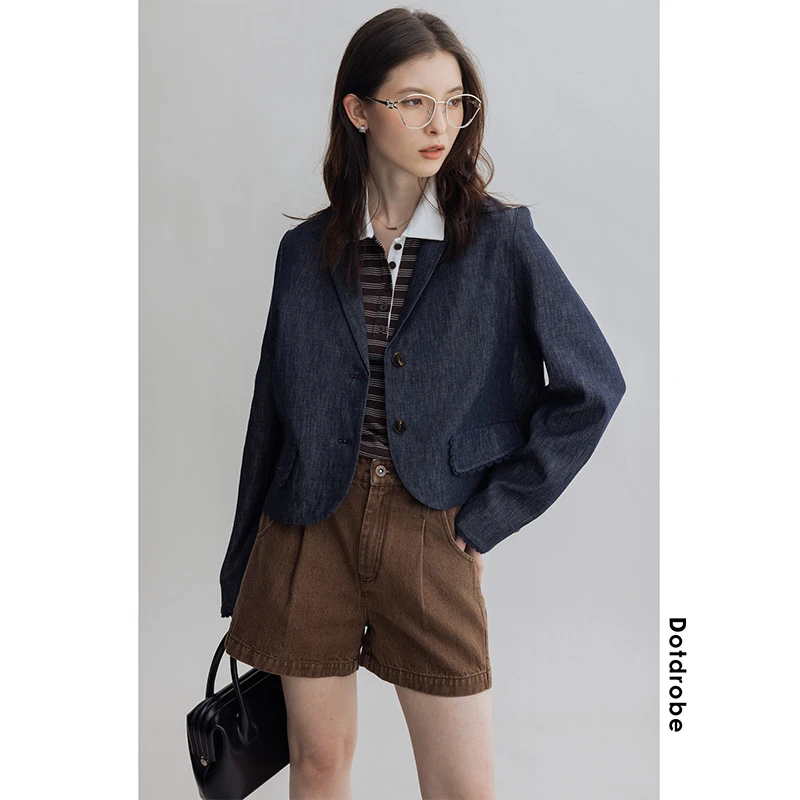 亚麻棉牛仔 日系短款休闲西装外套女春款-牛仔蓝