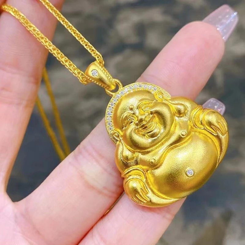 古法大肚弥勒佛黄金项链女 999足金镶嵌笑面佛吊坠锁骨套链