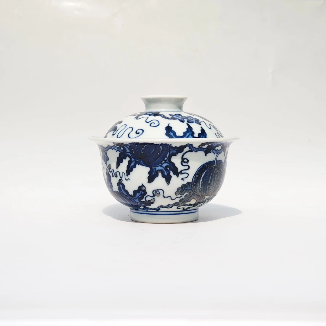 罗家山柴窑手绘瓜纹二才盖碗