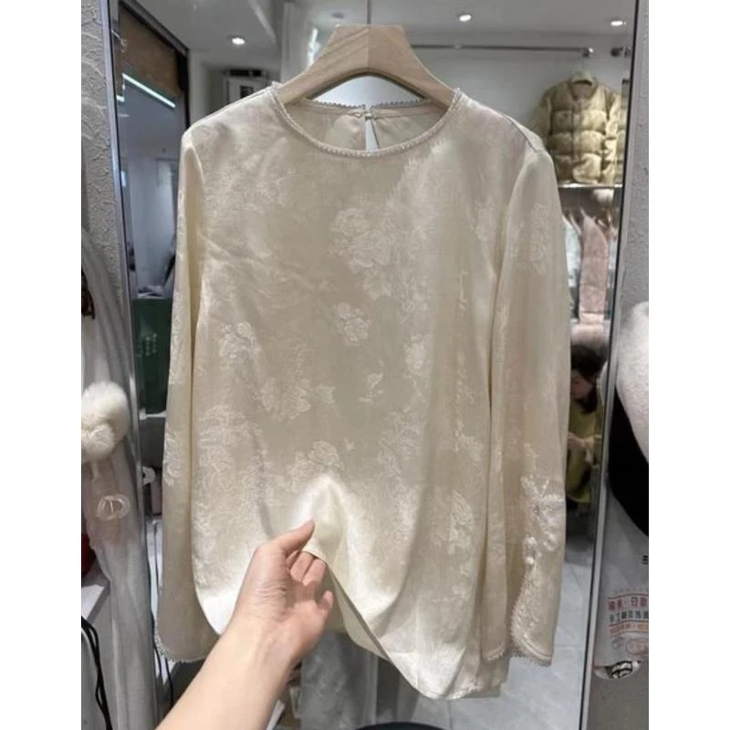 含香--新中式国风气质时尚百搭打底圆领提花长袖宽松显瘦休闲衬衫