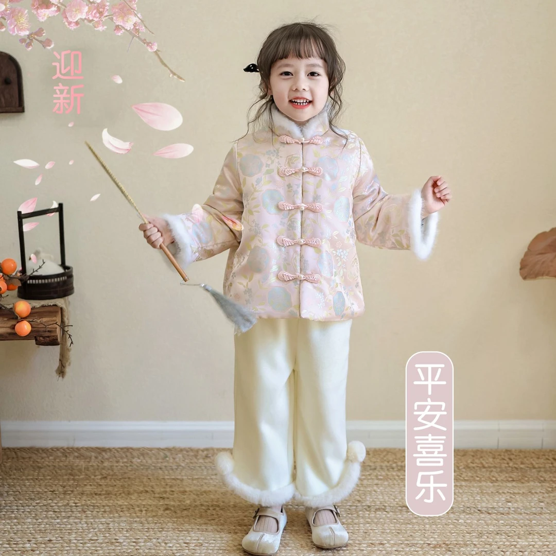 女童拜年服中国风加棉加绒唐装汉服女孩新年套装中式复古甜美棉衣