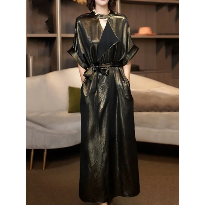 时尚轻奢高级感纯色连衣裙2025夏季新款优雅名媛风绑带收腰A字裙