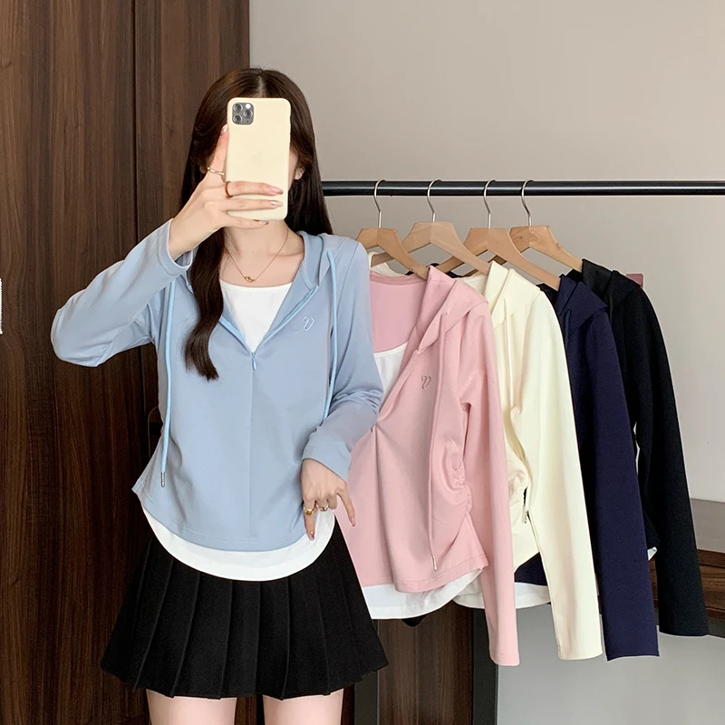 2025秋装新款胖mm大码女时尚减龄假两件抽绳连帽长袖上衣