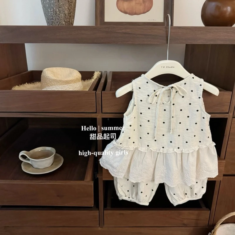 【2025新款】南法度假女宝宝韩系甜美蕾丝背心波点灯笼裤洋气套装