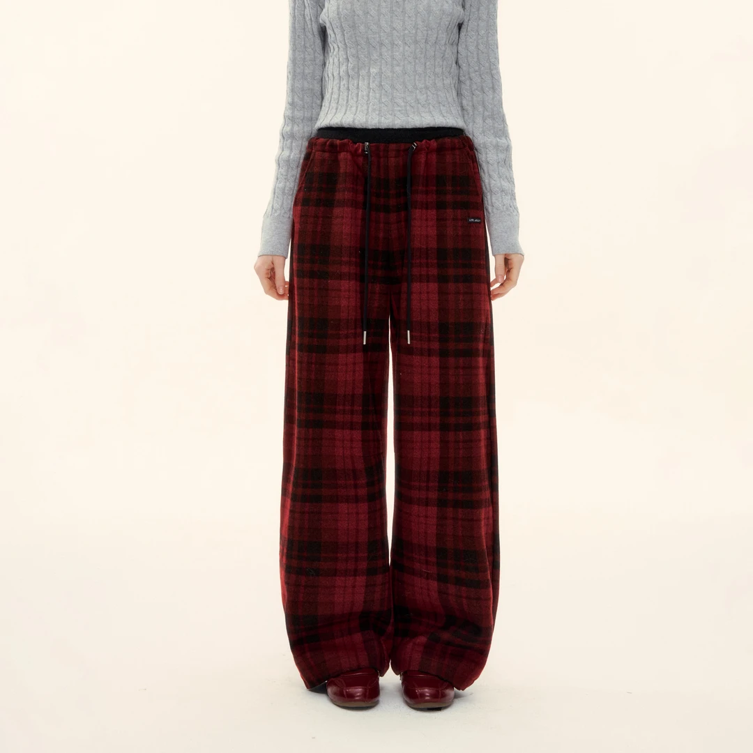 AsGony 毛呢格纹抽绳螺纹拼接休闲裤宽松百搭复古高街加绒阔腿裤