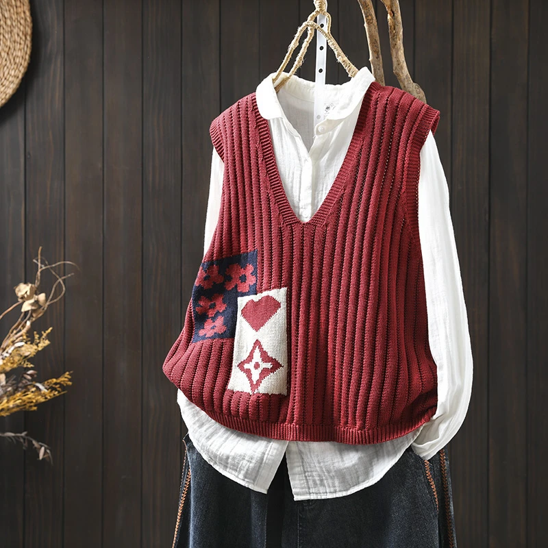 花朵红色V领针织马甲背心女宽松2025秋季新文艺套头无袖叠穿坎肩