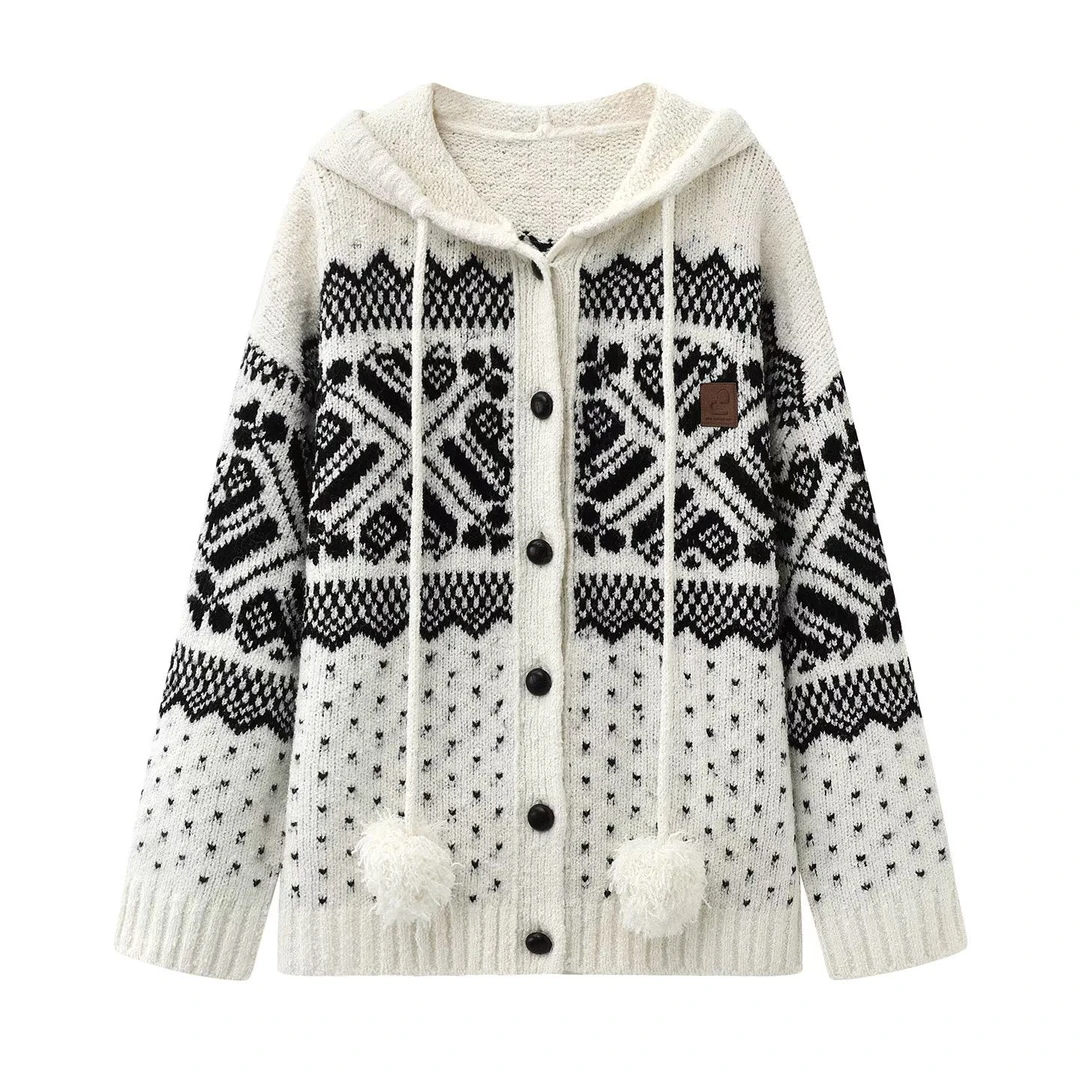 2025冬季新品加厚雪花图案连帽毛衣开衫女