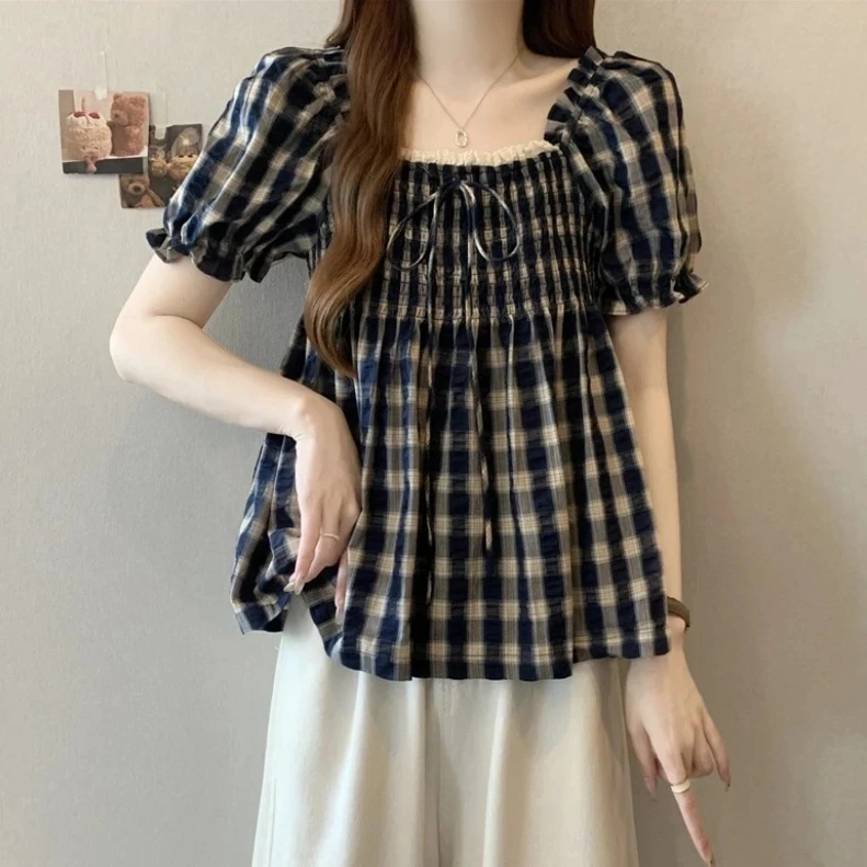 大码法式复古方领格子短袖衬衫女夏季微胖MM宽松显瘦百搭洋气上衣