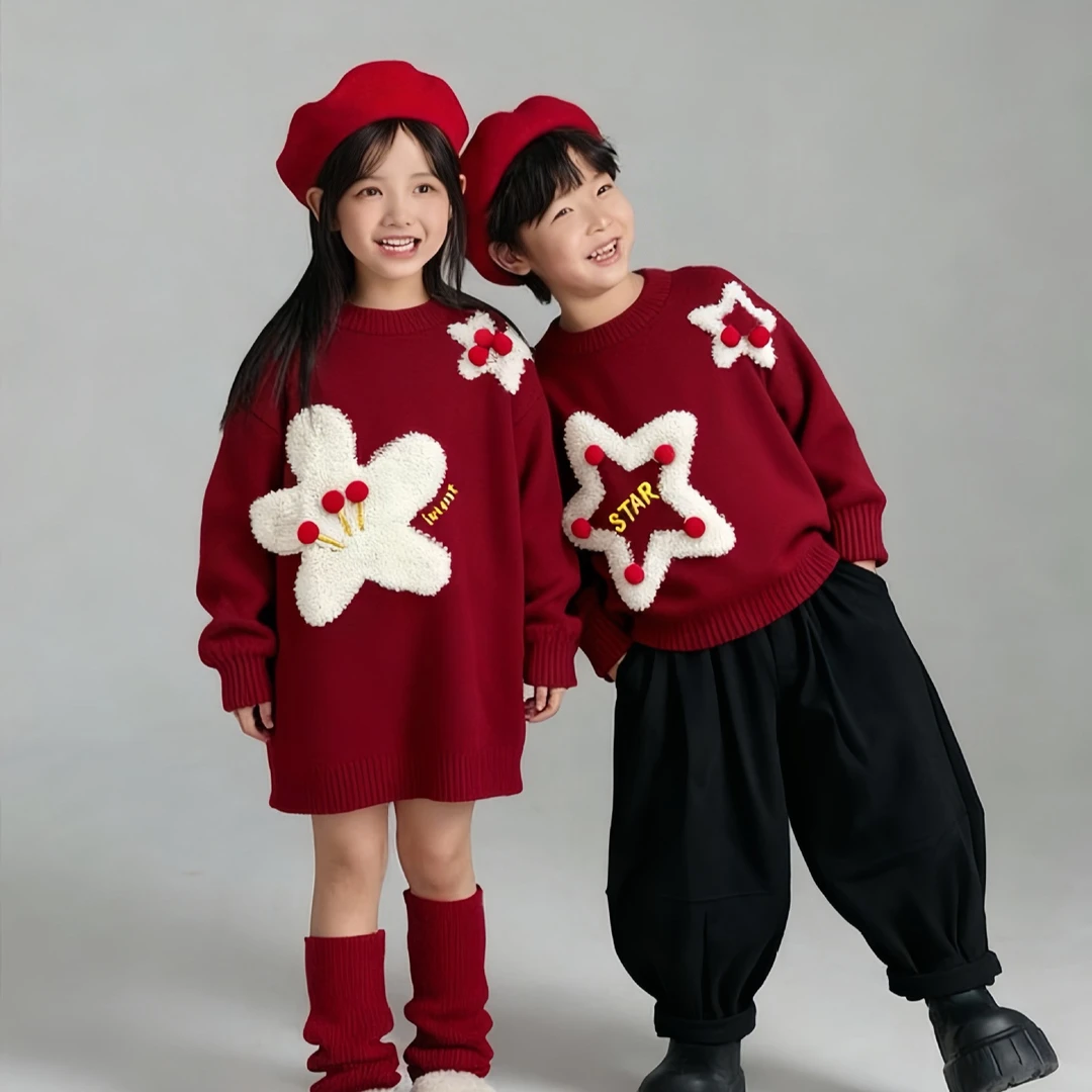 兄妹新年新款红色毛衣姐弟圣诞针织男女童祖国花朵百搭圆领上衣潮